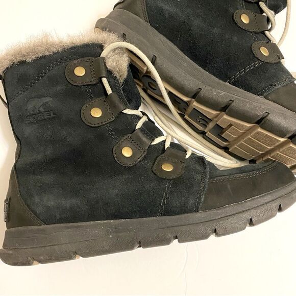 Sorel Explorer II Joan short flat Boots Black fur lined lace up leather suede 9 - Picture 5 of 12